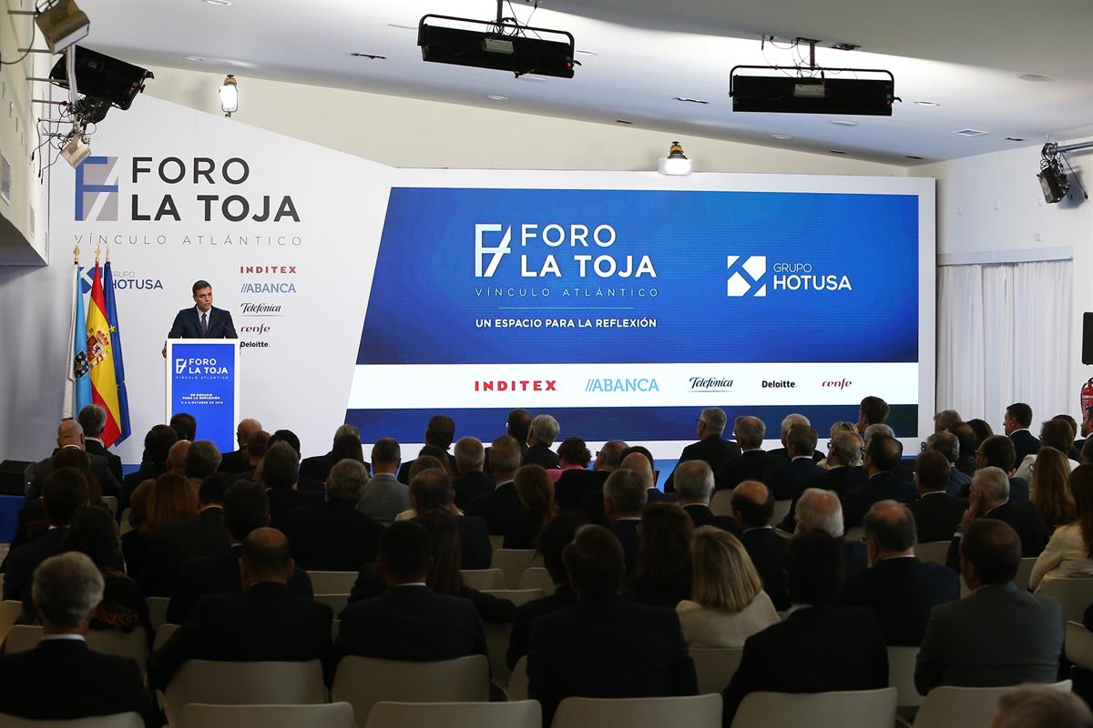 5/10/2019. Sánchez clausura el foro La Toja-Vinculo Atlántico. El presidente del Gobierno en funciones, Pedro Sánchez, durante su intervenci...